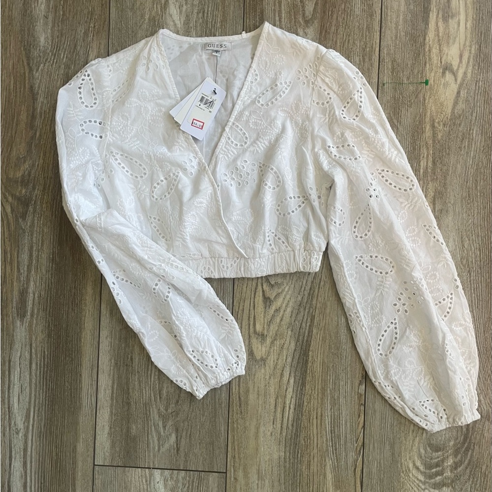 GUESS White Eyelet Wrap Crop Top with Puff Sleeves
